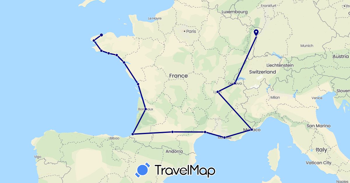 TravelMap itinerary: driving in Switzerland, France, Monaco (Europe)